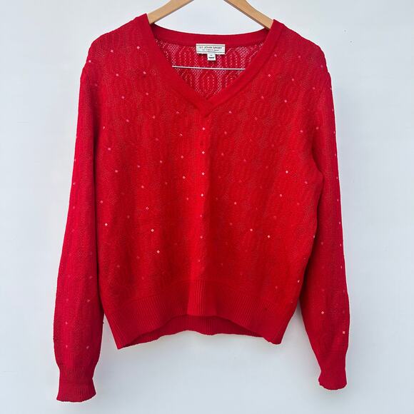 St. John Sport Red V-Neck Sequin Wool Sweater Medium Sparkle Knit Pullover - Picture 2 of 13